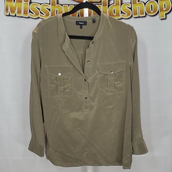 Theory Silk Brown Button Down Blouse Long Sleeve Utility Style Top Size L - Picture 6 of 7